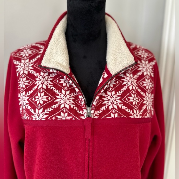 L.L. Bean Nordic Fleece Zip Up Jacket Women Size Large Snowflake ❄️ Red - Picture 3 of 12